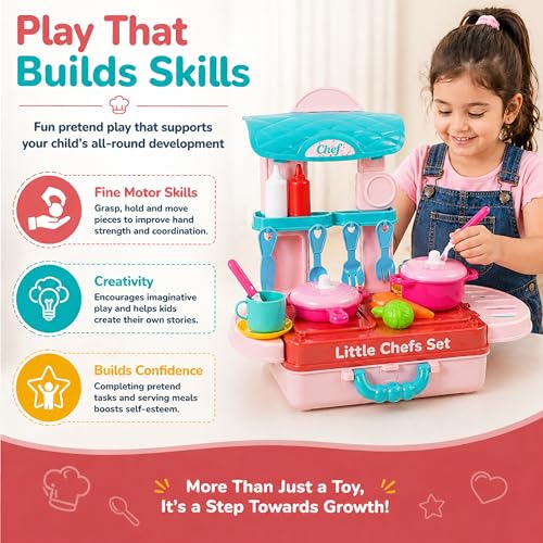 Image of Lifelong Compact Kitchen Play Set for Kids 3-5 Years | Portable Suitcase Toy Kitchen | 28-Piece Pretend Cooking Accessories with Stove, Pots, Pans & Play Food | Plastic Playset for Girls (19*26*10)