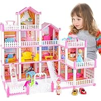 deAO Doll House for Girls, Dolls House Playset With Doll Figures, Furnitures and Accessories, 4-Story DIY Playhouse Princess Castle Dollhouse Toys for Kids 3 4 5 6 7 8 Years Old (Pink)
