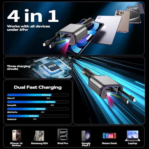 Image of 120W Fast Car Charger with 80CM Retractable Type-C & 30-pin Port Cables Charging for 4 Devices - Universal Car Mobile Charger for All Smartphones & Tablets (car Charger Adapter Fast Charging)