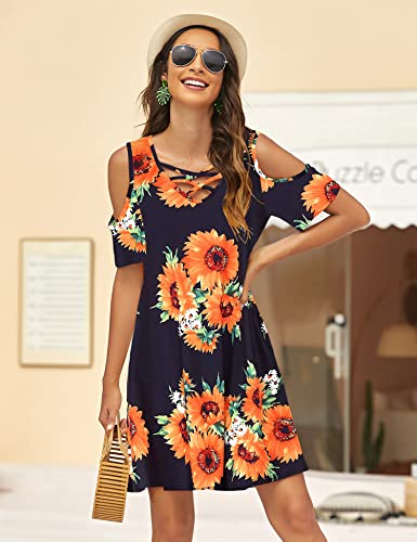 Image of Bluetime Women Cold Shoulder Summer Dress | Short Sleeve Casual Loose Swing Dress, Outfits for Vacation, Beach, Cocktail, Party, Wedding, Work, Casual, Date, Concert