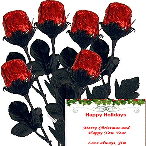Christmas Dozen Red Chocolate Roses Gift Bouquet - Solid Premium 9 1/2" Milk Chocolate Red Roses with Personalized Holidays Gift Card