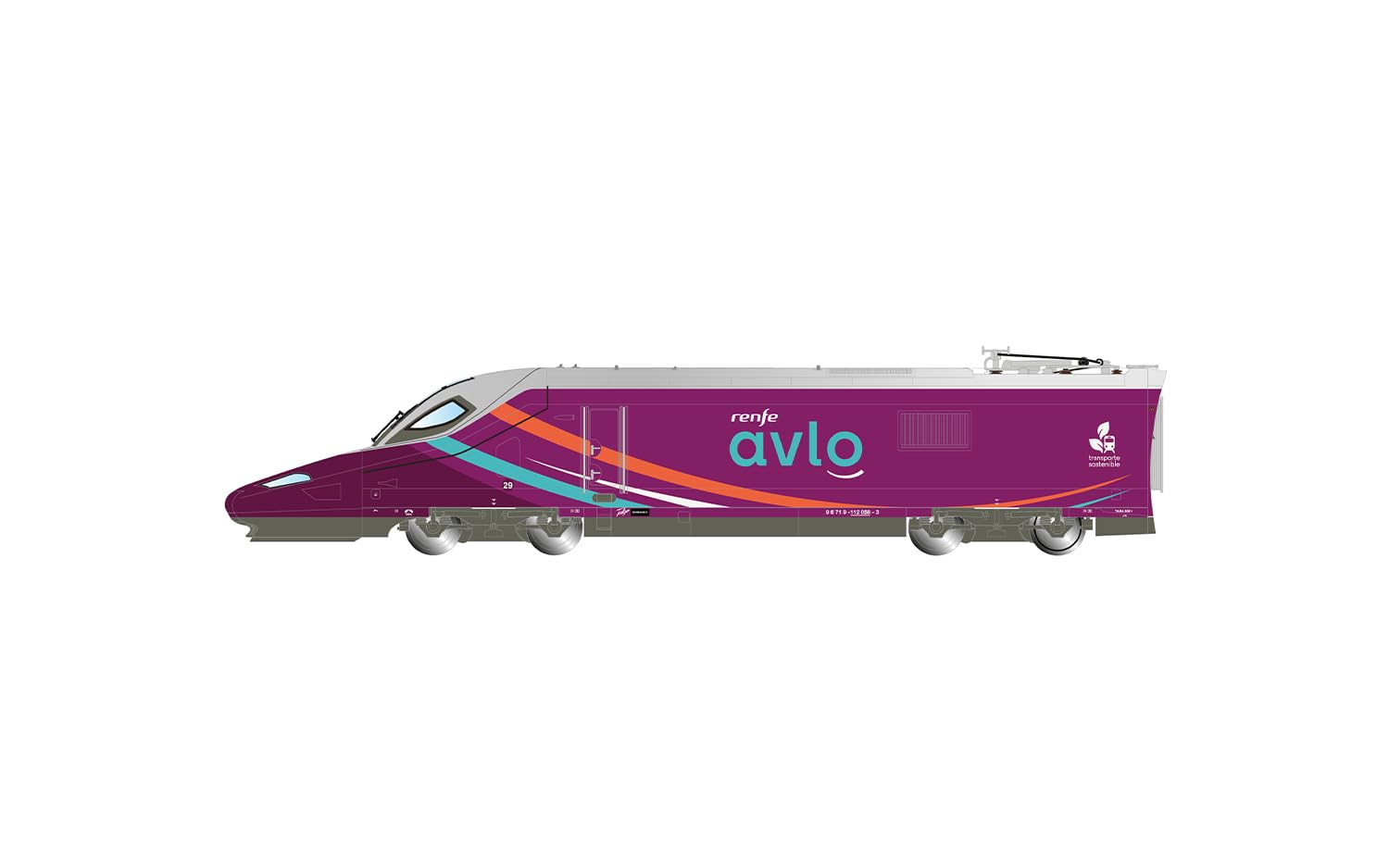 Electrotren HE2031 RENFE, pociąg dużych prędkości „AVLO”, zestaw główny składający się z 5 członów, fioletowe malowanie, odcinek VI Kolej 1 x Lokomotywa elektryczna