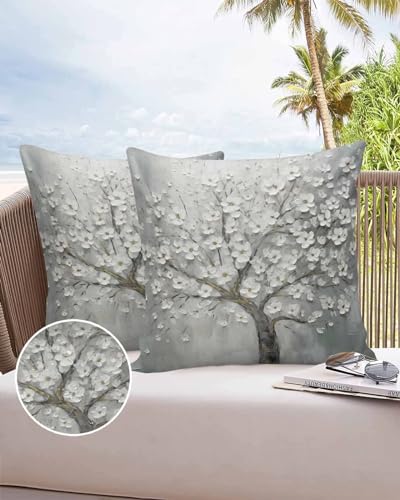 Boanket Outdoor Pillow Covers 16 x 16 in, Grey Flowers Waterproof Throw Pillow Cover Set of 2, Spring Floral Modern Oil Painting Art Home Decorative Square Cushion Covers for Patio/Tent/Couch/Garden