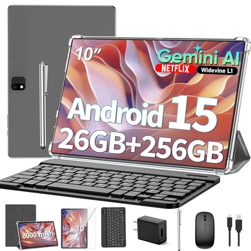 Image of 2026 Gemini AI 10 inch Tablet, Android 16 Tablet with Keyboard, 24GB+256GB+2TB Expand, Gemini AI Tablet PC with 8-Core, 5G WiFi, 8000mAh, GMS, GPS, 2-in-1 Tablet with Case, Mouse, Stylus, Silver Case