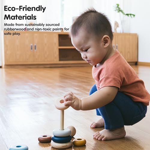 Image of PlanToys Stacking Ring Wooden Montessori Fine Motor and Early Learning Toy in Orchard Shade | Early Coordination and Colour Sorting Activity | Eco Friendly Stacking Ring Set for Meaningful Play