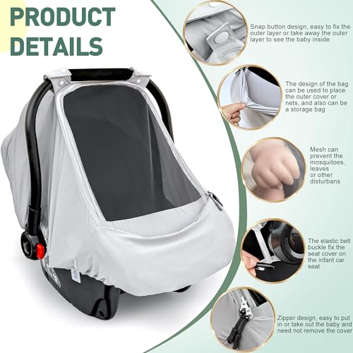 Image of Baby Car Seat Cover,Sunproof Car Seat Canopy for Babies, Extra Large Mesh Window Baby Car Seat Sun Shade Cover,Infant Carseat Covers for Summer /Autumn Use(Gray)
