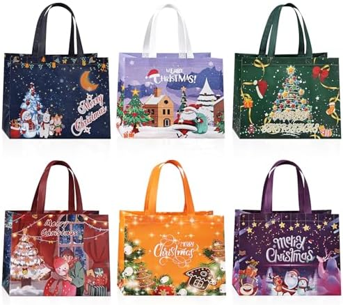 JMANNI 6 PCS Christmas Gift Bags,Christmas Tote Bags with Handles, Christmas Treat Bags, Multifunctional Non-Woven Christmas Bags for Gifts Wrapping Shopping, Xmas Party Supplies