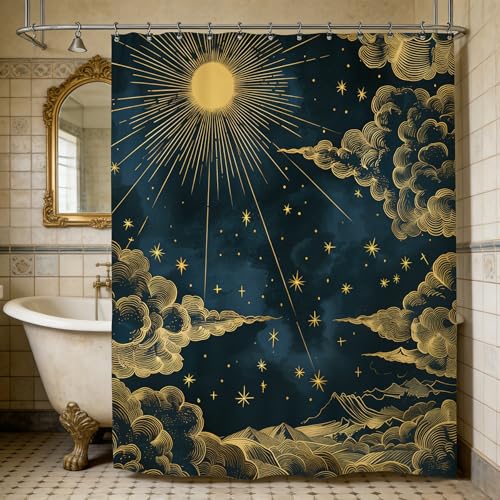 Yookeb Sun Stars Moon Bathroom Shower Curtain 60W by 71H Inch Night Clouds Navy Blue Celestial Sky Polyester Fabric 12 Plastic Hooks Waterproof Decor