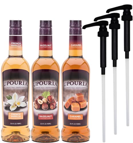 Upouria French Vanilla, Caramel & Hazelnut Flavored Syrup, 100% Vegan And Gluten-Free, 750Ml Bottles - Set Of 3 - Pumps Included #TOP23