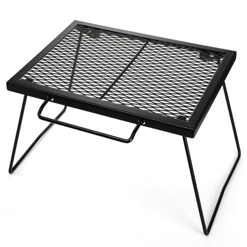 Elsjoy Folding Campfire Grill Grate with Carrying Handle, Portable Camping Grill Over Fire Mesh Grate, Heavy Duty Steel Grate for Outdoor Cooking, Picnic, BBQ