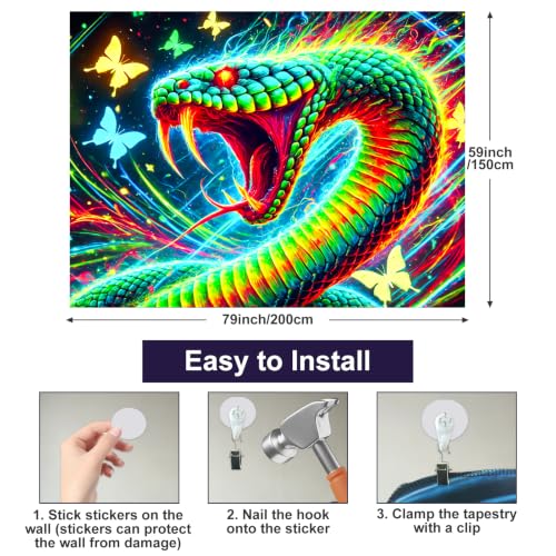 Image of BlissYard Psychedelic Dragon Blacklight Tapestry 78x59 Inch UV Reactive Wall Hanging Fantasy Castle Scene Glow in Dark Backdrop Luminous Blacklight Tapestry Aesthetic Decor Art