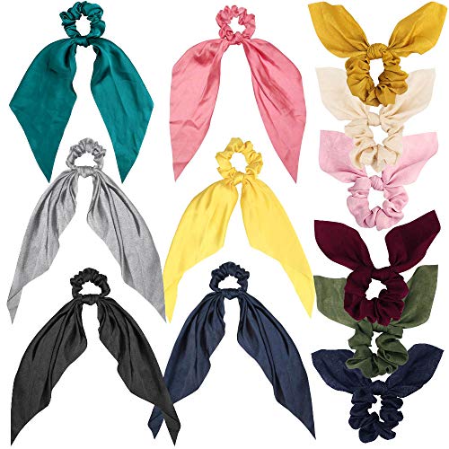 Scarf Ribbon Scrunchies for Hair, Bow Scrunchies Silk, 12 Pack Solid Color Hair Scrunchies with Bow, Scarf Hair Ties Scrunchies for Women Girls Hair Accessories