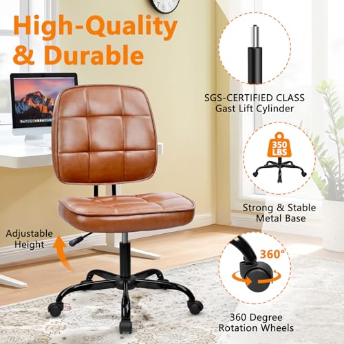 Image of CLATINA Armless Home Office Chair with Lumbar Support and Wheels, Small PU Leather Ergonomic Low Back Desk Chairs No Arms, Adjustable Height 360 Swivel Rolling Computer Task Chair, Brown, 8 Pack