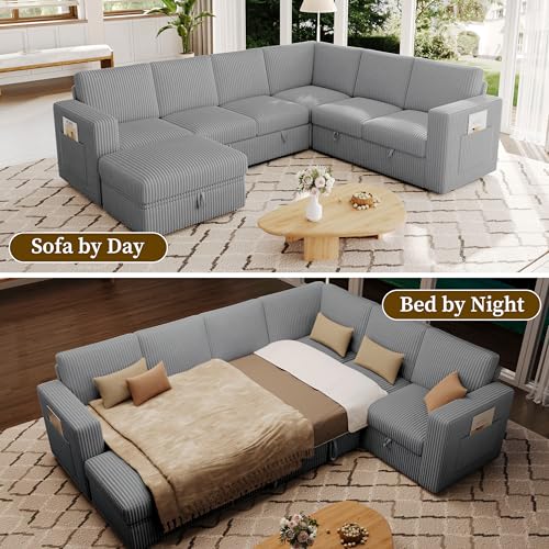 Image of 106.7 inch Corduroy Sectional Sleeper Sofa, Pull Out Couch with Storage, Gray | 7 Seat Comfy Couches for Living Room, Apartments, or Guest Spaces; Sectionals Modular Sofa Design, Comfortable Seating.
