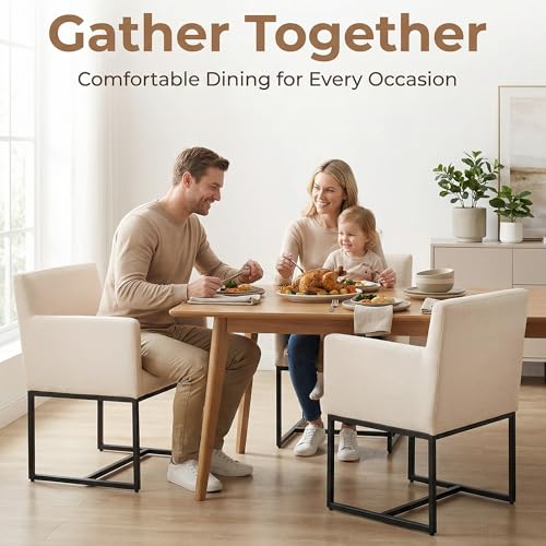 Image of HNY Mid Century Modern Upholstered Dining Chairs with Arms Set of 4, Linen Accent with Black Finish Metal Frame, 19'' Wide for Living Room Kitchen Bedroom, Cream, Cream-linen-black Frame