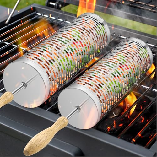 Vasitelan 2 Pcs Nesting Grill Baskets,304 Stainless Steel, Rolling Grilling Net, BBQ Accessories Tools for Vegetables Shrimp, Outdoor Cooking Camping (B Style)