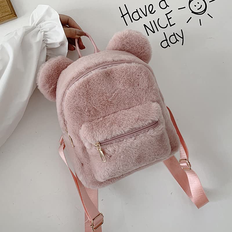 Cute Fuzzy Bear Ears Backpack Kawaii Soft Fluffy Casual Daypack Mini Shoulder Bag Purse for Girls (Pink)2