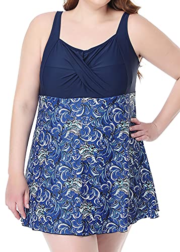 PERONA Women's Plus Size Swimdress One Piece Swimsuit Retro Print Swimwear Pin Up Bathing Suit