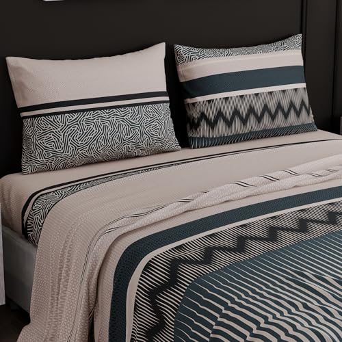 Image of BLISSHOME SoftTouch 150TC Cotton King Size Printed Bedsheet with 2 Pillow Covers for Double Bed, Silky Smooth Bedding Set, Breathable, Easy Maintain, Geometric Pattern - Light Green(228cm X 274cm)