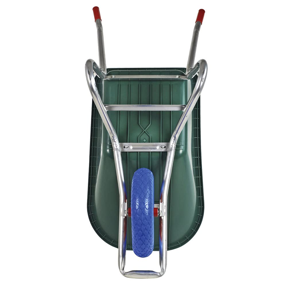 BPA Schubkarre 100 Liter Mulde PP Kunststoff Grün mit Pannensicherem PU Rad Blau Kugelgelagert Verzinkter Rahmen Vollgummirad Bauschubkarre