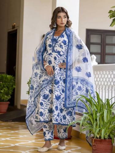 Tee Projekt Women's Cotton Blend Mandarin Anarkali Kurta Pant With Dupatta Set Off White