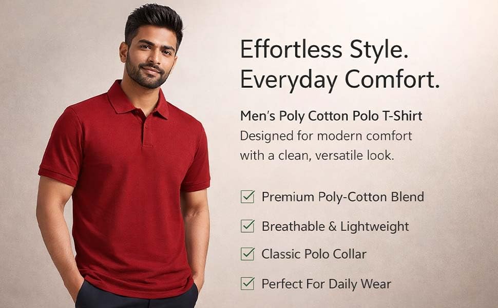 Image of Men's Poly Cotton T-Shirt | Stylish & Comfortable Casual Wear | Regular Fit T-Shirt (in, Alpha, M, Maroon)