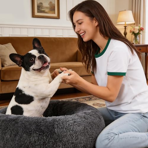 Image of Small Dog Calming Beds Donut Washable Round Puppy Cat Bed Anxiety Dog Bed