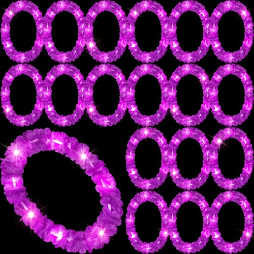 Sherr 24 Pcs LED Purple Leis Light up Wedding Hawaiian Leis Flower Necklace with LED Lights Beach Tropical Carnival Party Wedding Supplies Luau for Masquerade
