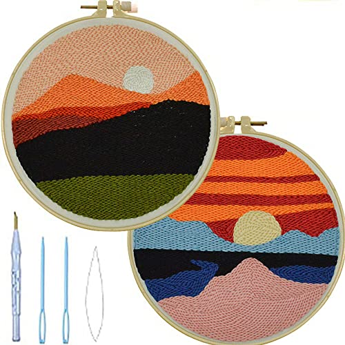2 Pcs Punch Needle Sunset & Moonlight Embroidery Starter Kits, DIY Punch Needle Craft Embroidery Pattern Cloth Pen Hoop Yarn Rug Accessories for Adults Beginner, Handcraft Punch Needle Kits