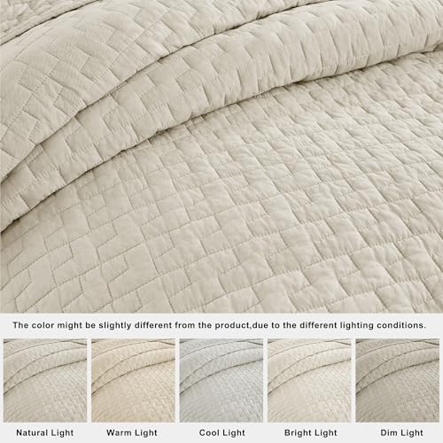 Image of palassio Beige 100% Cotton Quilt Queen Size Bedding Sets with 2 Pillow Shams, Textured Lightweight Soft Bedspread Shabby Chic Coverlet, Neutral Quilted Comforter Bed Cover for All Season, 3 Pieces