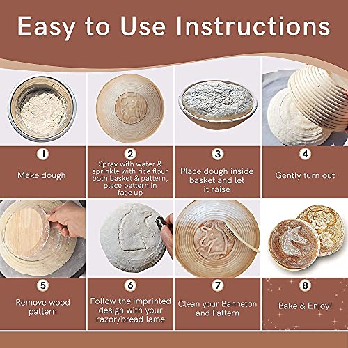9 In Bread Proofing Basket Set With 4 Removable Design Inserts, Dough Scraper, Cloth Liner & Storage Bag For Wooden Designs - Gift For Bread Bakers By Artizanka #TOP3