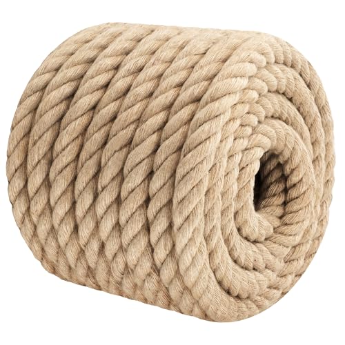 Triberion Jute Rope Heavy Duty - 1inch 50ft Thick Natural Twisted Manila Hemp Ropes Indoor and Outdoor Decorative Kits for Crafts Porch Swing Nautical Tug of War Deer Hunting Landscaping