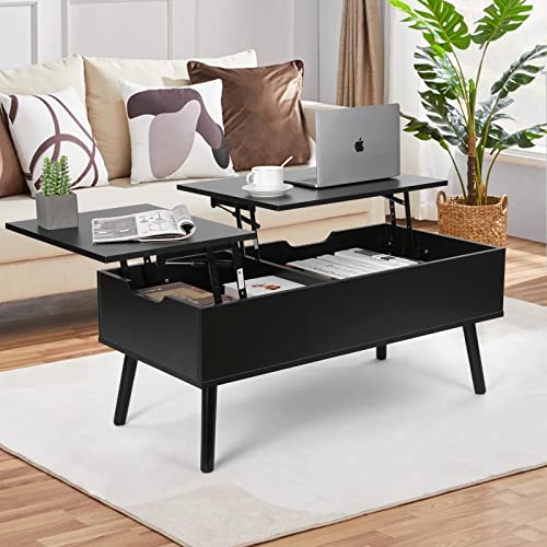 VOWNER Mesa de Centro, Mesa de Centro Regulable en Altura, Extraíble, Extensible, Compartimento de Almacenaje Oculto Independiente, Tablero Elevable Doble, Mesa de Sofá de Salón, Negro