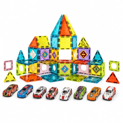 Image of Magnetic Building Blocks for Kids, 3D Magnetic Construction Set, STEM Educational Learning Toy, Creative Building & Pretend Play Toy for Boys & Girls, 3+ Years (65 PCS Mini Car Magnetic Tile Set)