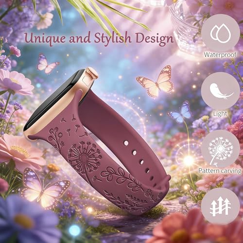 AMSKY 6 Pack Slim Floral Engraved Bands Compatible with Apple Watch Band 40mm 41mm 42mm 38mm 44mm 45mm 46mm 49mm for Women,Cute Silicone Sport Strap