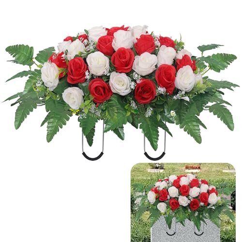 Cemetery Headstone Flower Saddle,Artificial Cemetery Flower Saddles for Graves,Artificial Rose Cemetery Memorial Flowers for Outdoor Tombstone Headstone Decorations (Red) image 3