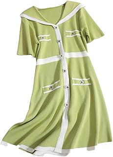 Fulbant Summer Preppy Style Short Sleeve Knitted Dresses Contrast Color Single-Breasted Dress