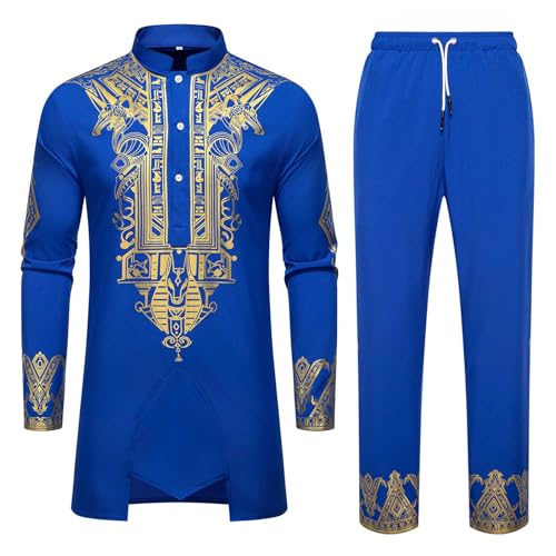 Conjunto de verano para hombre con camisa de cuello alto y estampado africano dorado