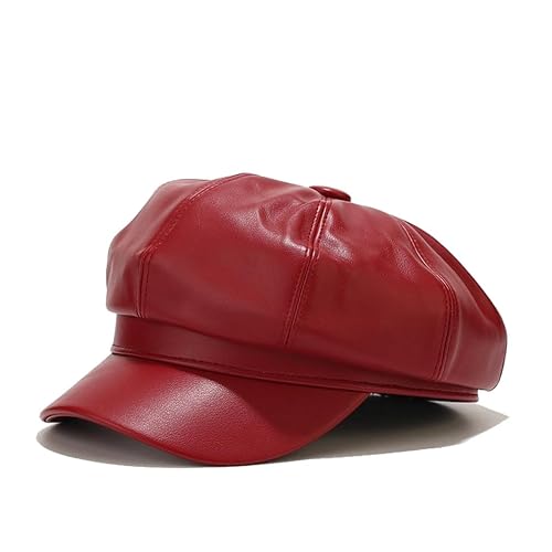 QHFHULV Womens Newsboy Hat - 8 Panels Vintage Gatsby Cabbie Hat - Trendy Visor Paperboy Beret Octagonal Cap - Pu Leather Red