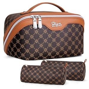 BOYATU Travel Makeup Bag Cosmetic Bags for Women: 3 Pcs Set Large Portable Make up Bag with Handle - Vegan Leather Toiletry Bags with Compartments - Makeup Organizer for Travel Essentials(01-Coffee) 16 51Up+RBTGwL. SS300