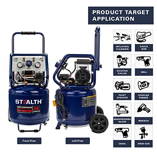 Stealth 12 Gallon Ultra Quiet Air Compressor, 1.5 HP OilFree Peak 150 PSI 68 Decibel Air Pump