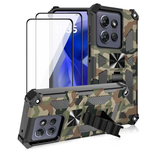 Lokyoo for Motorola Moto G 2025/ Moto g Play 2026 Case, with 2 Pack Tempered Glass Screen Protector, Military Grade, Kickstand with Magnetic Car Mount, Protective Phone Case Army Green