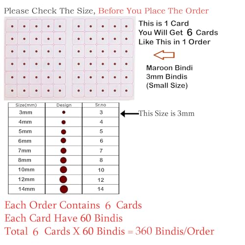 Image of VAMA Fashions 3mm Sticker Small Round Self-Adhesive Bindis Set for Women Girls Reusable Skin-Friendly Non-Toxic Forehead Dots Bindis for Daily & Festive - 6 Cards (3MM Maroon Bindi)