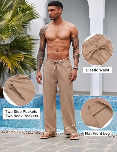 Image of CB-COLEBROOK Mens Casual Linen | Elastic Waist | Drawstring Summer Beach Yoga Linen Trouser | Loose Fit Pyjama Pants for Man