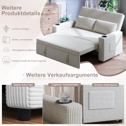 JUMMICO Schlafsofa 2 Sitzer klein Sofa mit Schlaffunktion Schlafcouch Ausziehbar mit Kissen Couch Cord-Bezug mit Getränkehalter Klappsofa Für Wohnzimmer Schlafzimmer,69 x 141 x 88 cm,Beige