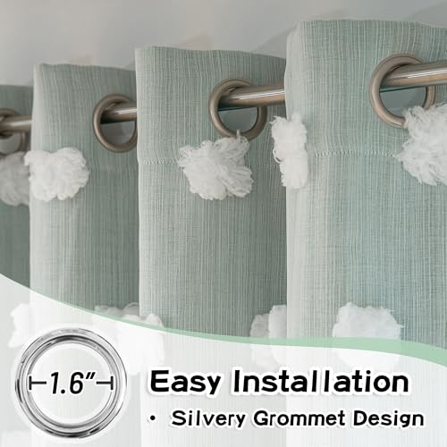 Image of MYSKY HOME Aqua Curtains for Kids Room Nursery Curtains 72 Inches Long for Girls Bedroom Double Layer Curtains White Pom Pom Sheer Curtains for Dining Room Grommet Room Darkening Panels W52 X L72