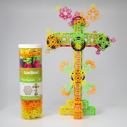 Lux Blox Neon Engineer — 314-Piece Advanced Building Set | 4 UV-Reactive Neon Colors | Patented Snap-Hinge Blocks | Fractals, Machines & Architecture | STEM Ages 6+ | Made in USA