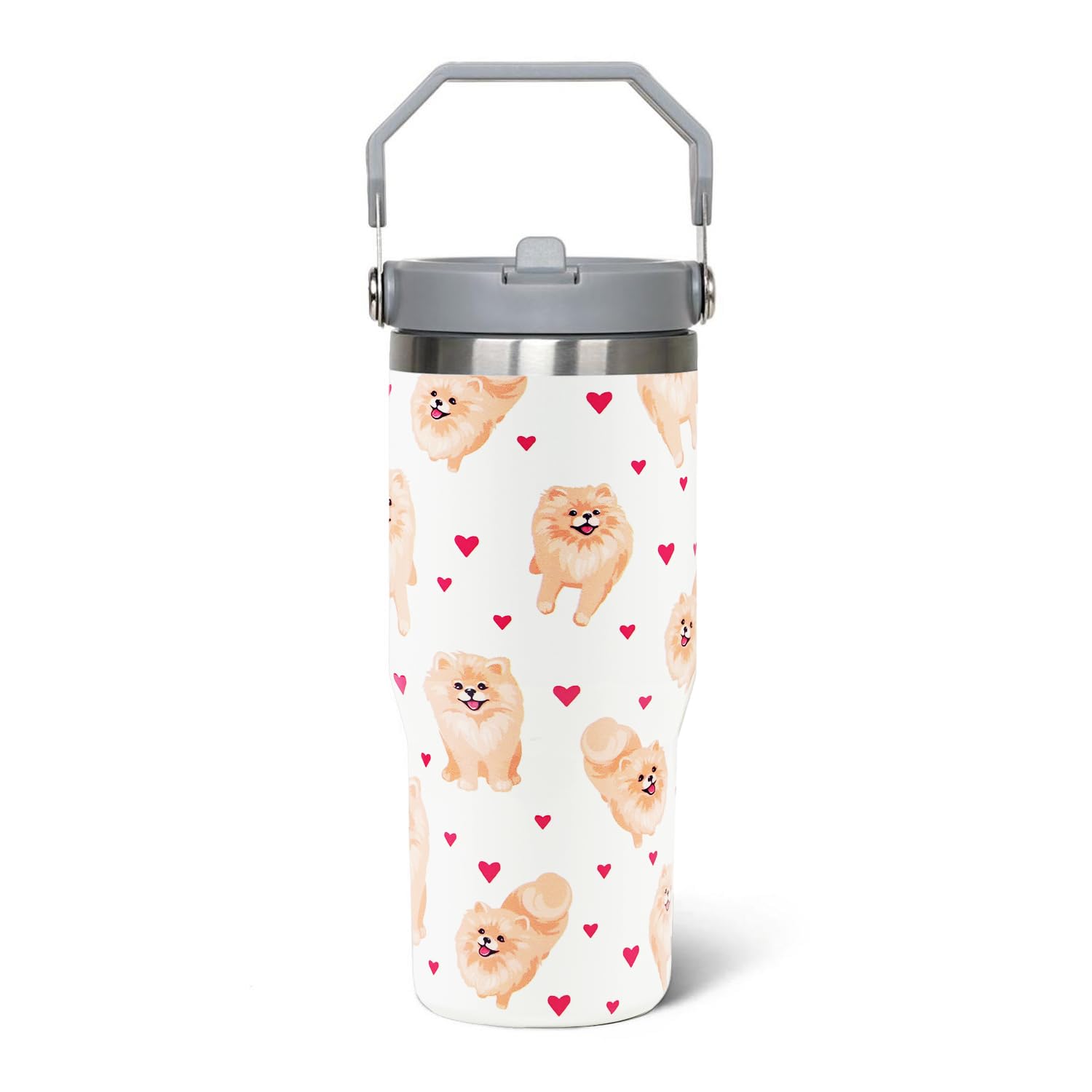 Hachishun Pomeranian Tumbler Gifts with Handle and Straw, Stainless Steel Vacuum Insulated Flip Straw 30 oz Pomeranian Tumblers, Spill Proof Coffee Travel Mug Pomeranian Lovers Gifts