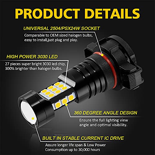 AUXLIGHT 2504 LED Fog Light DRL Bulbs, 2400 Lumens Extremely Bright PSX24W 12276 Bulbs Replacement for Cars, Trucks, Golden Yellow by AUXLIGHT - Image 4
