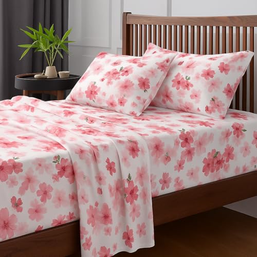 Image of King Size Bedsheet - Floral Pink - 108 x 108 Inches - Brushed Microfiber Flat Sheet with Pillow Covers - Soft, Cooling, Wrinkle & Fade Resistan